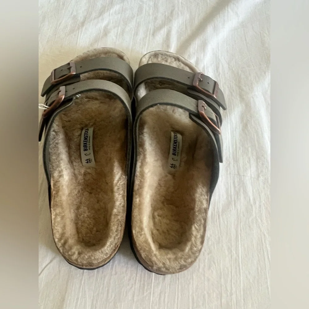 New Birkenstock Arizona shearling sandals mens 11 11.5 eu 44 taupe suede